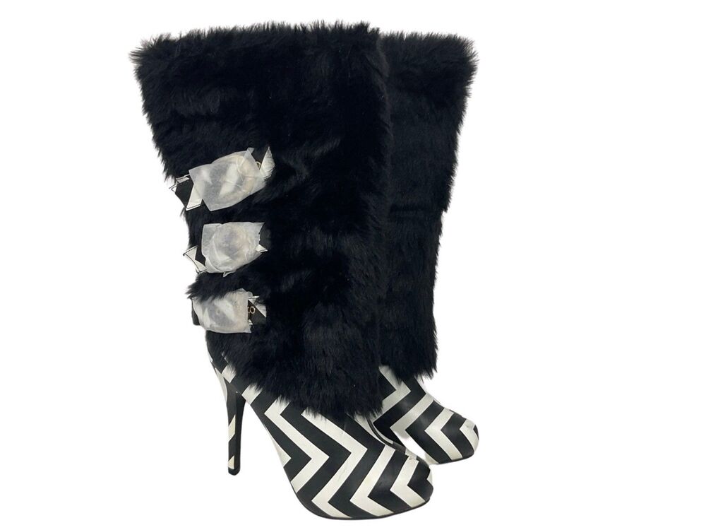 Ami Clubwear Faux Fur Striped Boots Size 8.5 Heel 4.75"H Cosplay Steampunk Y2K